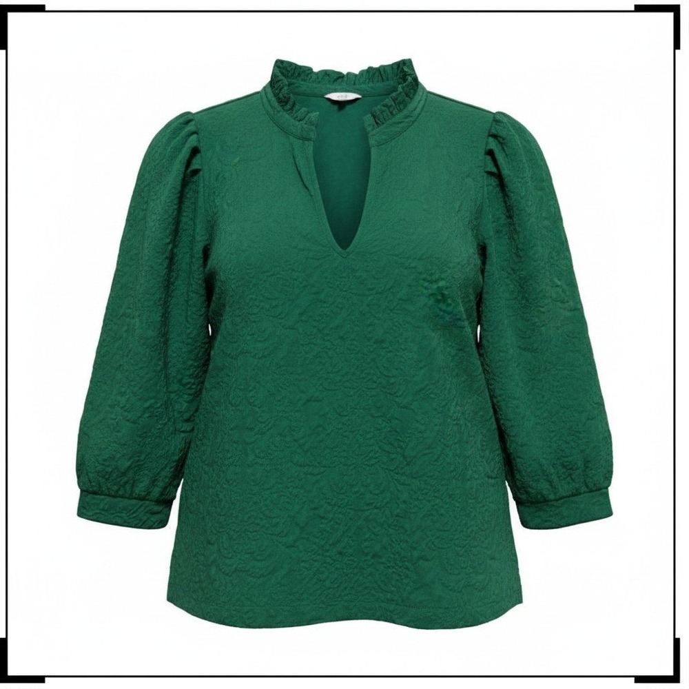 Crown & Ivy Blouse Women L Green Ruffle Neck Textured Puff Sleeve Top - Picture 1 of 11